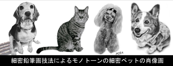 細密鉛筆画技法によります愛犬、愛猫のモノトーン肖像画