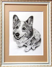 コーギー犬のの肖像画、額装