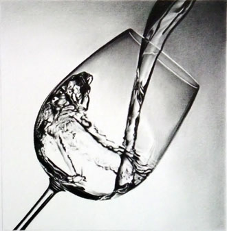 枝川真理の鉛筆画、ワイングラスと水、この絵を見て鉛筆画を始まられた方が多い